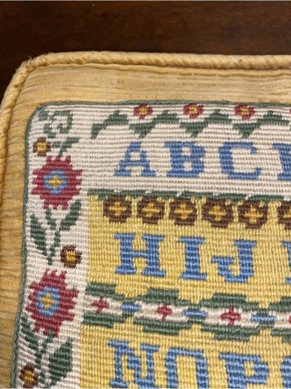Vintage Embroidered Needlework Alphabet Sampler Pillow 12” x 12” -AA9